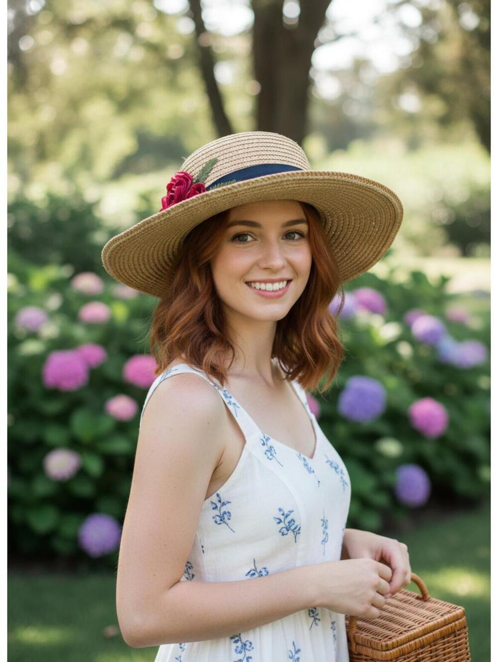 Peter Grimm Straw Wide-Brim Sun Hat with Navy Ribbon and Burgundy Floral Accent